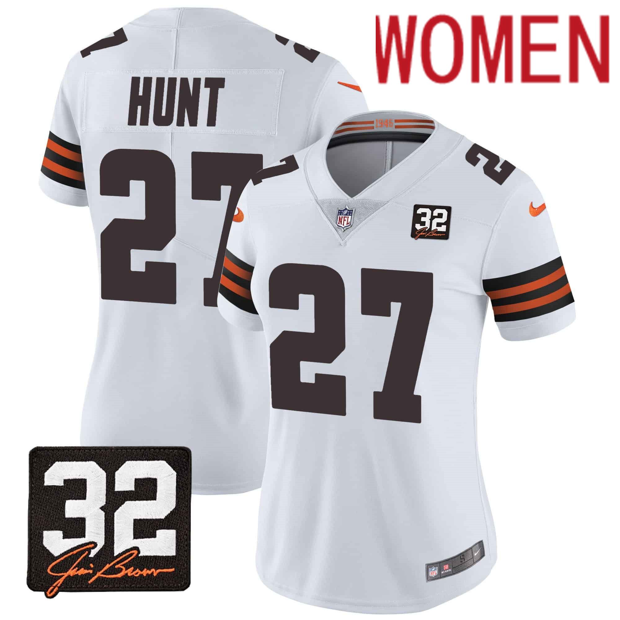 Women Cleveland Browns 27 Hunt White Memorial Home Patch 2024 Nike NFL Jersey